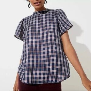 LOFT Red White & Navy Blue Plaid Short Sleeve Blouse Top - Size Small